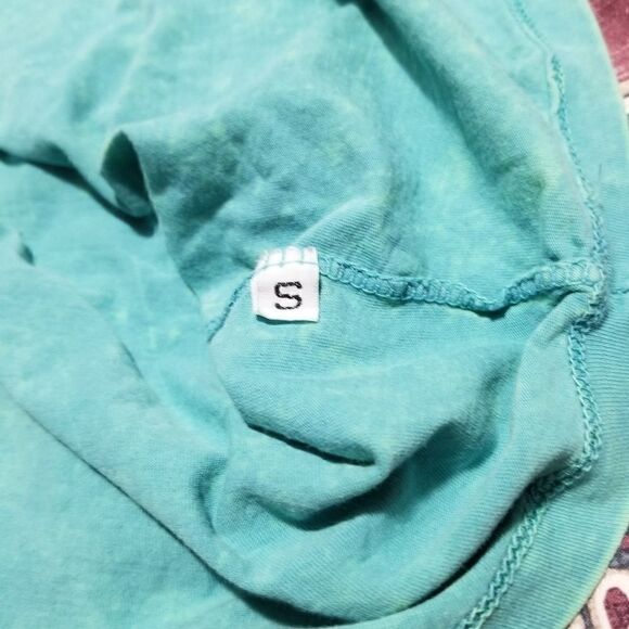 Daytrip Teal Acid Washed Rhinestone Plunging V-Neck Lace Oversized Tunic Blouse - Picture 4 of 4